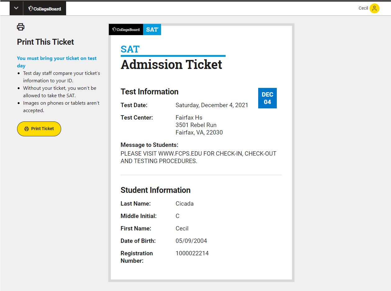 SAT Admission Ticket Screen Shot