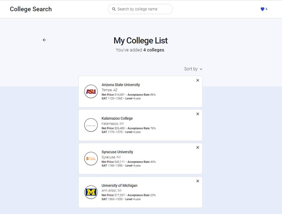 Screenshot of College List on BigFuture