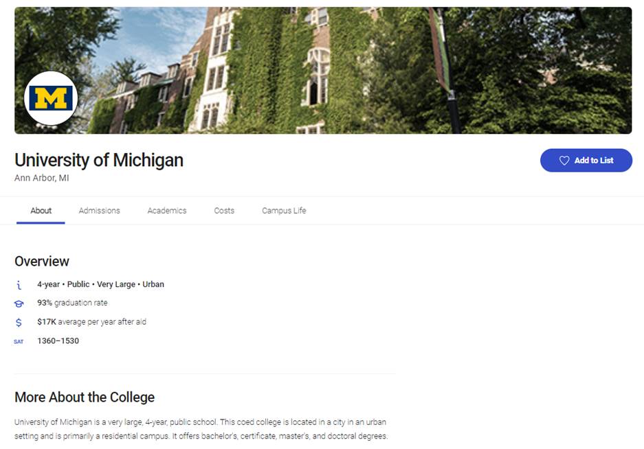University of Michigan College Profile BigFuture