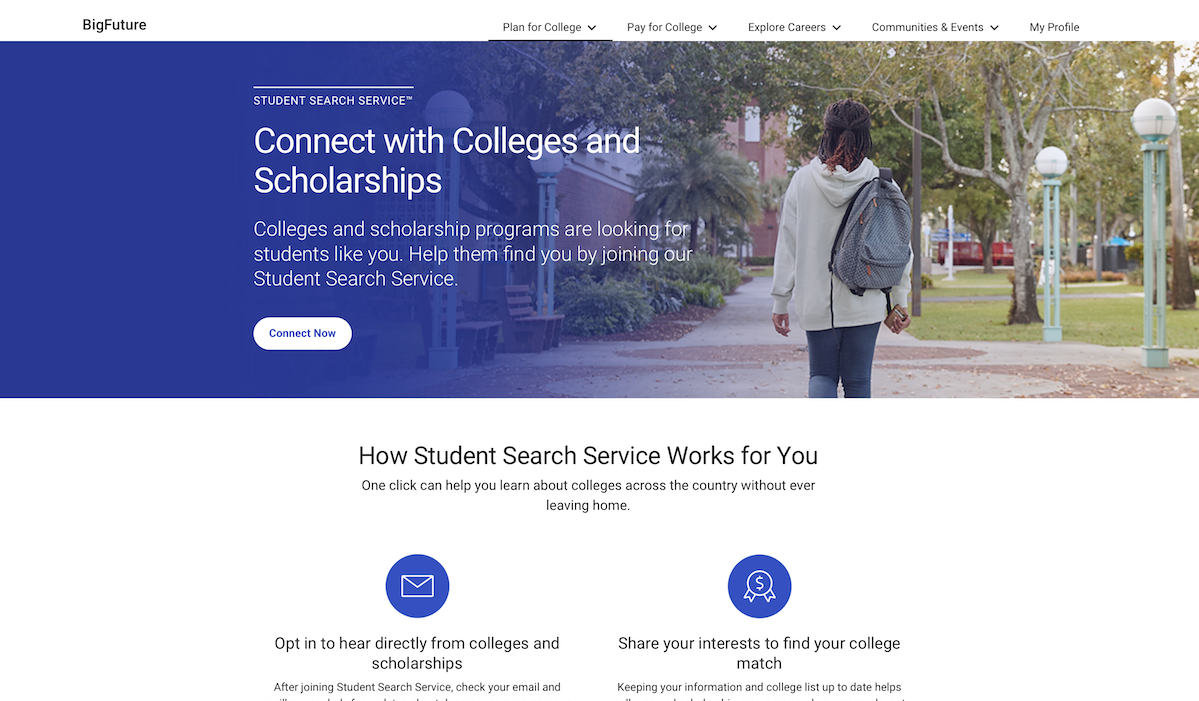 Screenshot of Student Search Service Page