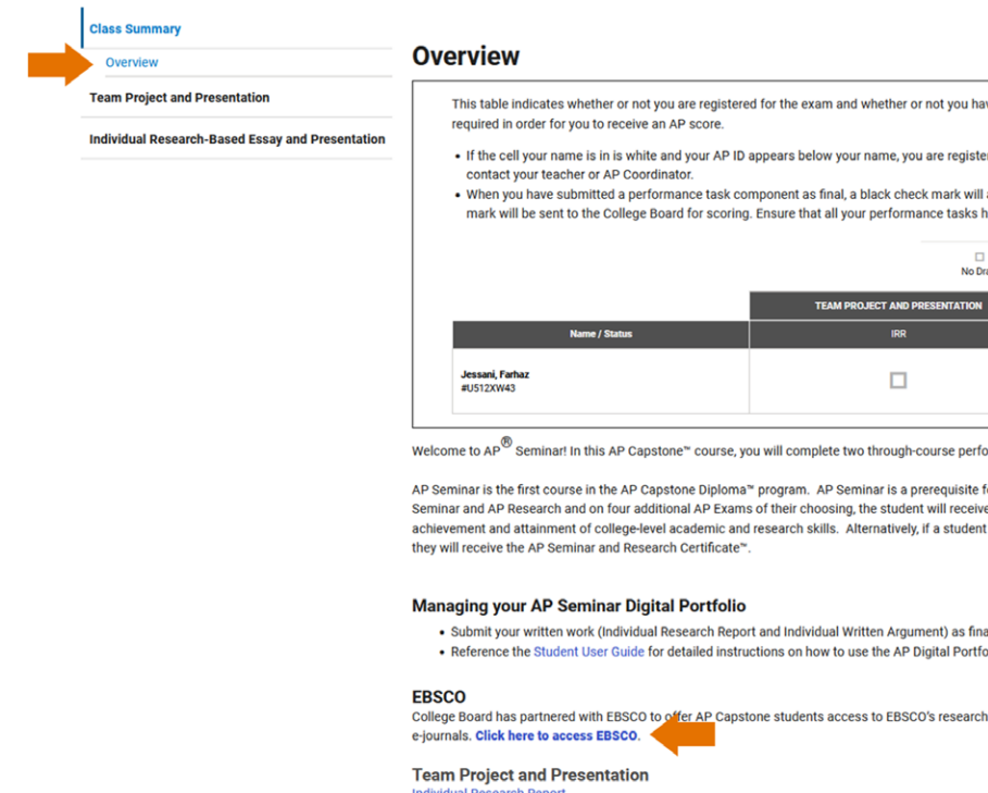 screenshot of where to find ebsco in ap digital portfolio